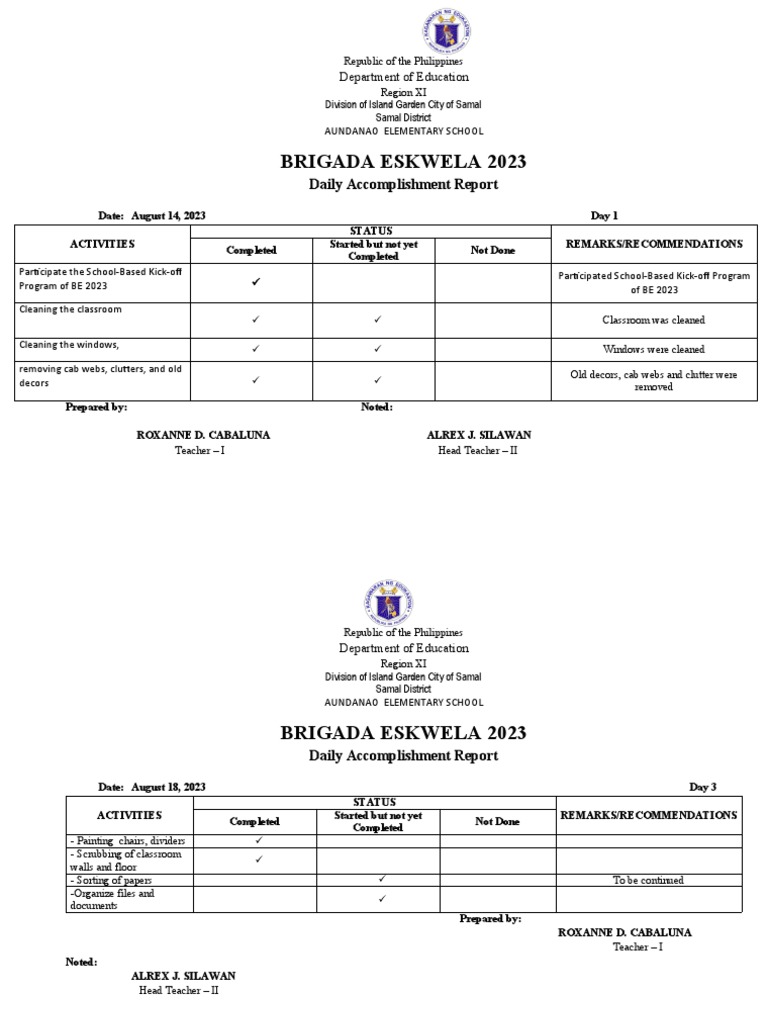 Brigada Eskwela 2023 Daily Report | PDF | Classroom