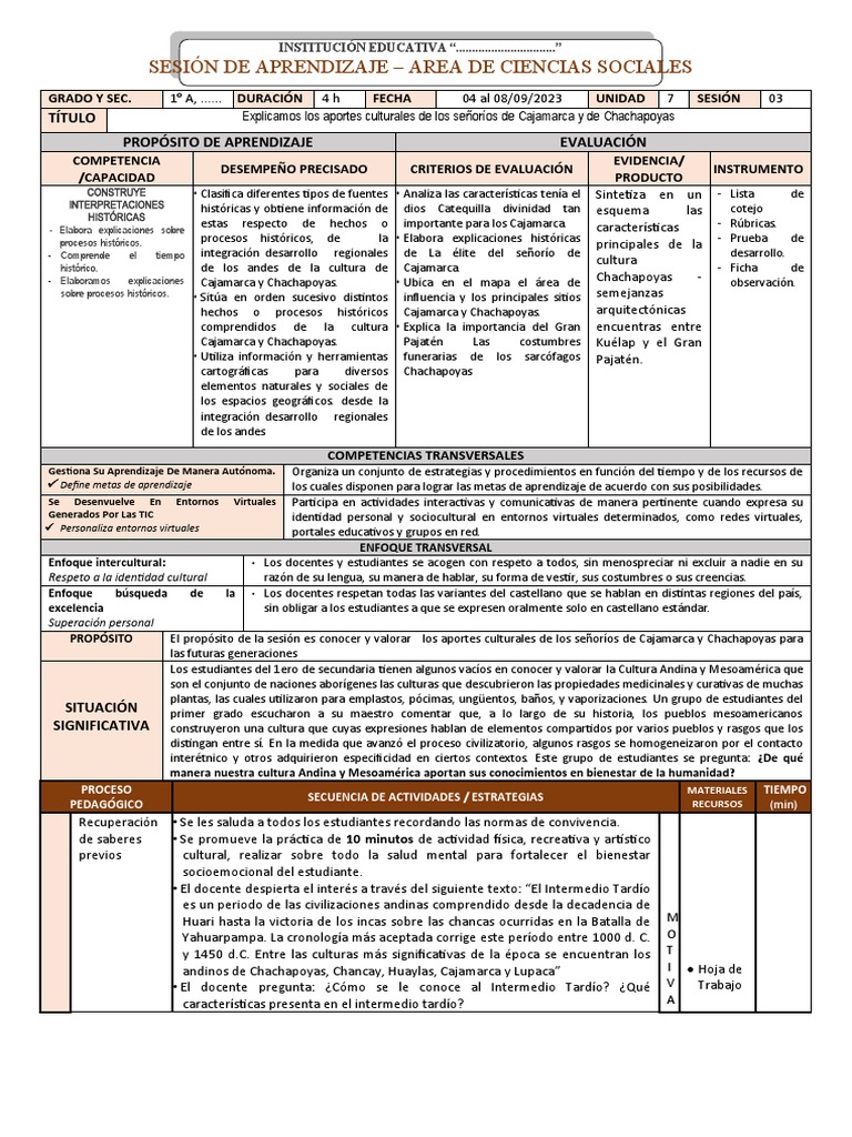 Unidad 7 - Sesión - Sem 3 - CC - SS 1° | PDF | Aprendizaje | Evaluación