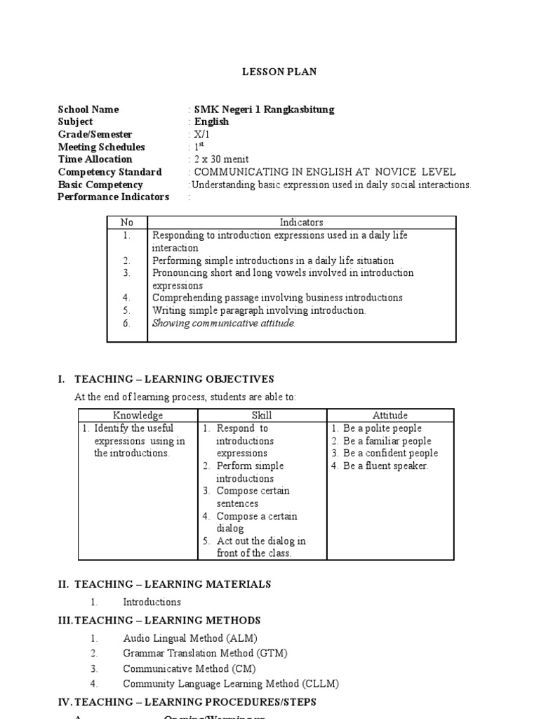 Novice English Introduction Lesson Plan | PDF | Lesson Plan ...