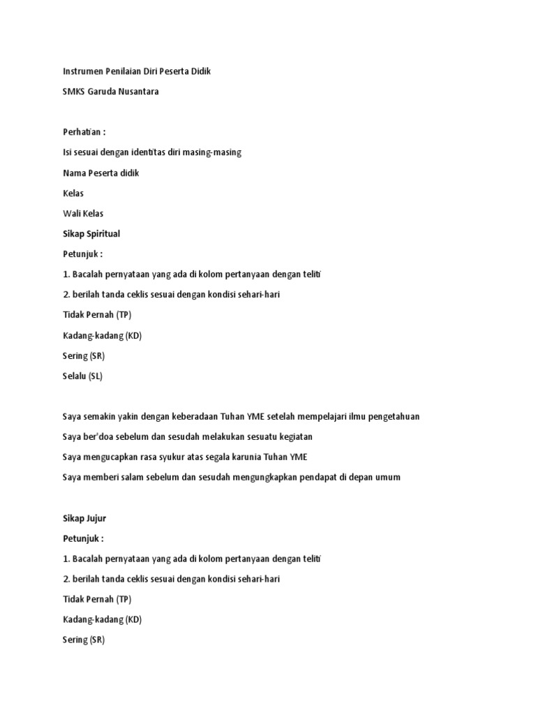 Instrumen Penilaian Diri Peserta Didik Pdf