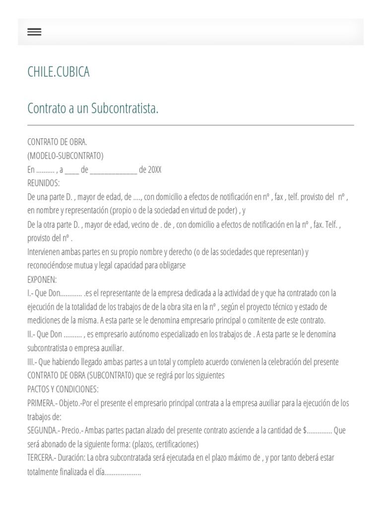 Modelo de Contrato de Subcontratación en Chile | PDF