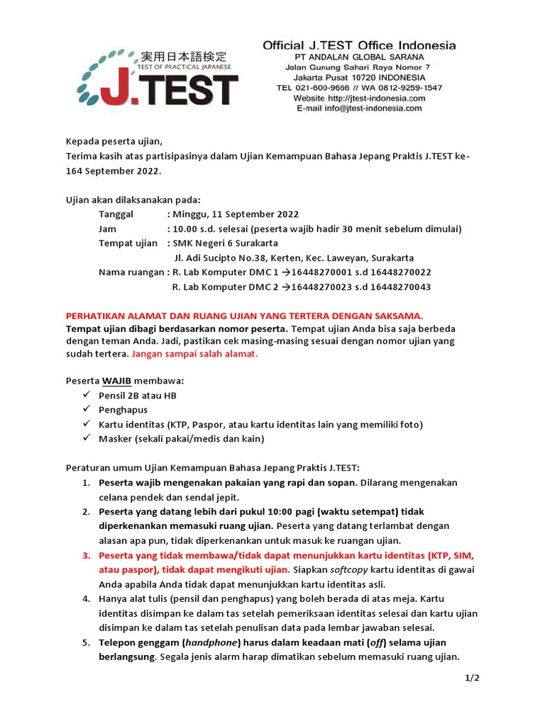 【SOL】 Panduan Ujian J.TEST 164 September 2022 Tingkat F-G | PDF