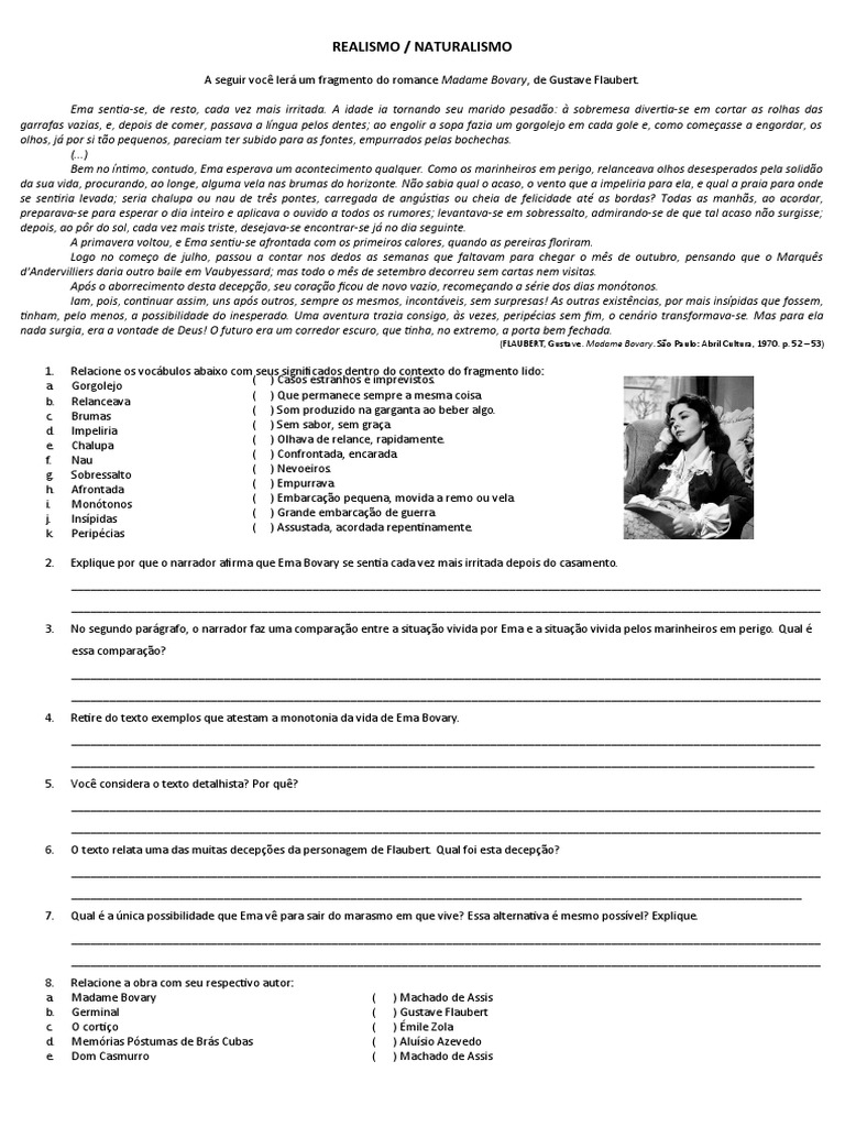 Realismo Naturalismo Atividade | PDF | Realismo (artes) | Gustave Flaubert