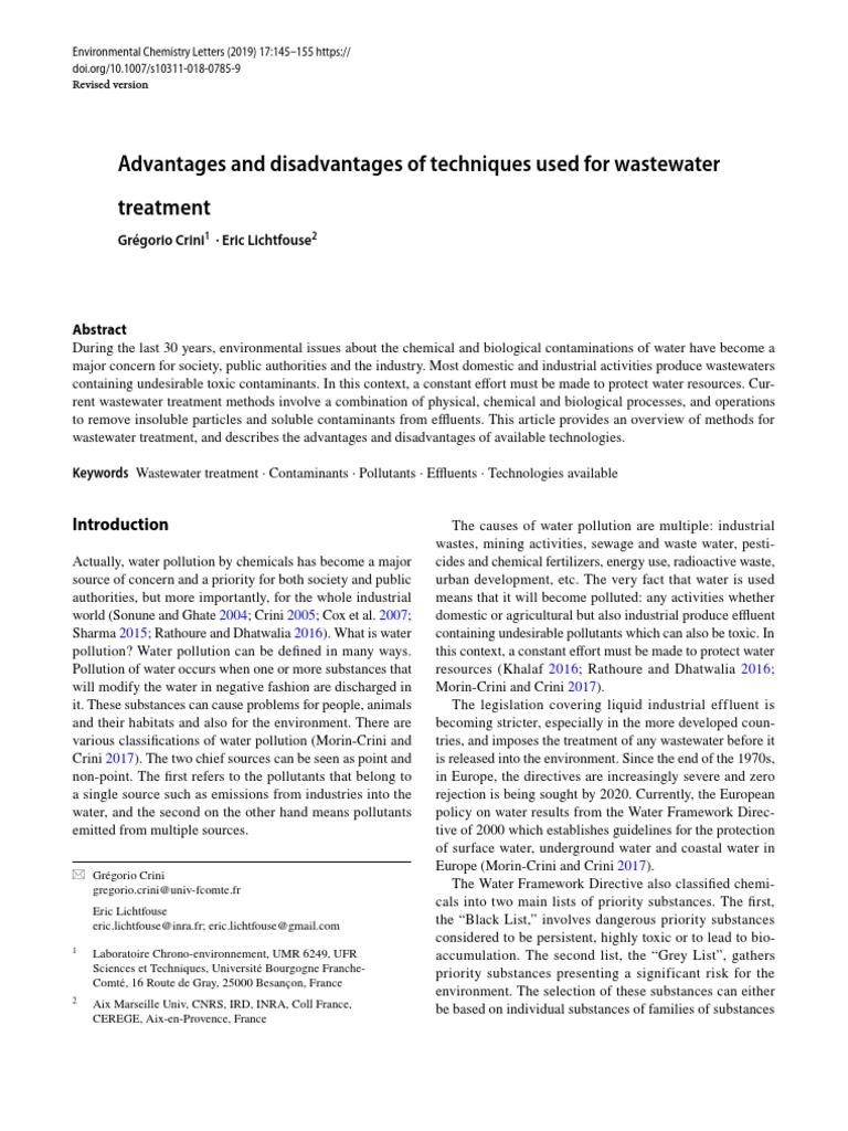 Advantages and Disadvantages of Techniques Used For Wastewater PDF