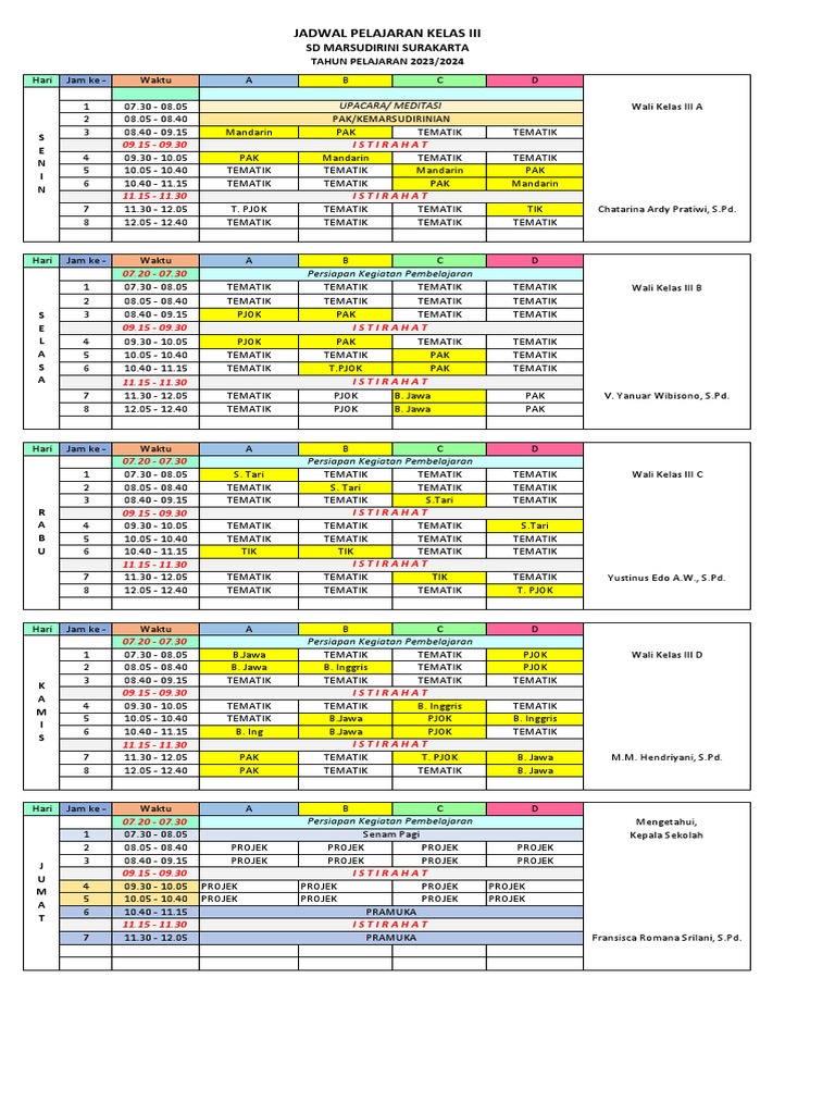 Jadwal Pelajaran Kelas 3 | PDF