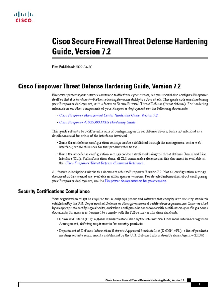 Cisco Secure Firewall Threat Defense Hardening Guide, Version 7.2 | PDF ...