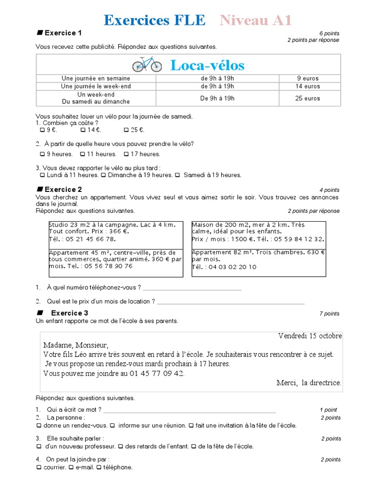 Exercices FLE A1 : Loca-vélos et Annonces | PDF