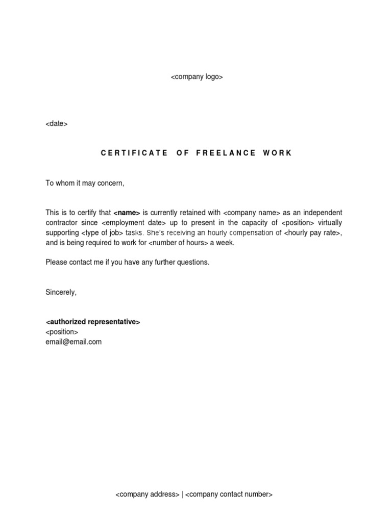 Certificate of Freelance Work Template | PDF | Business | Finance ...