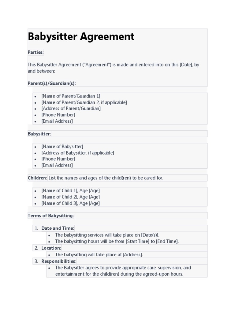 Template of Babysitter PDF Babysitting Parent
