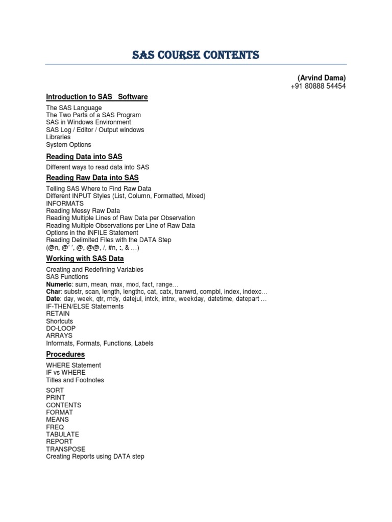 Comprehensive SAS Course Outline | PDF | Sas (Software) | Parameter ...