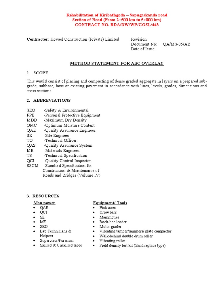 ABC Overlay Method Statement for Roads | PDF | Quality Assurance | Road
