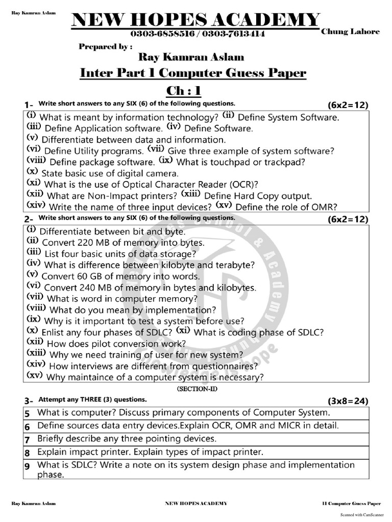 11 computer guess paper by new hopes academy chung lahore 2023 | PDF