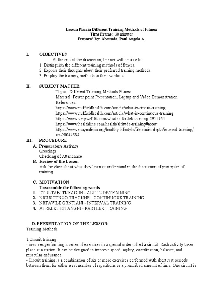 Lesson Plan in Different Training Methods PDF Weight Training