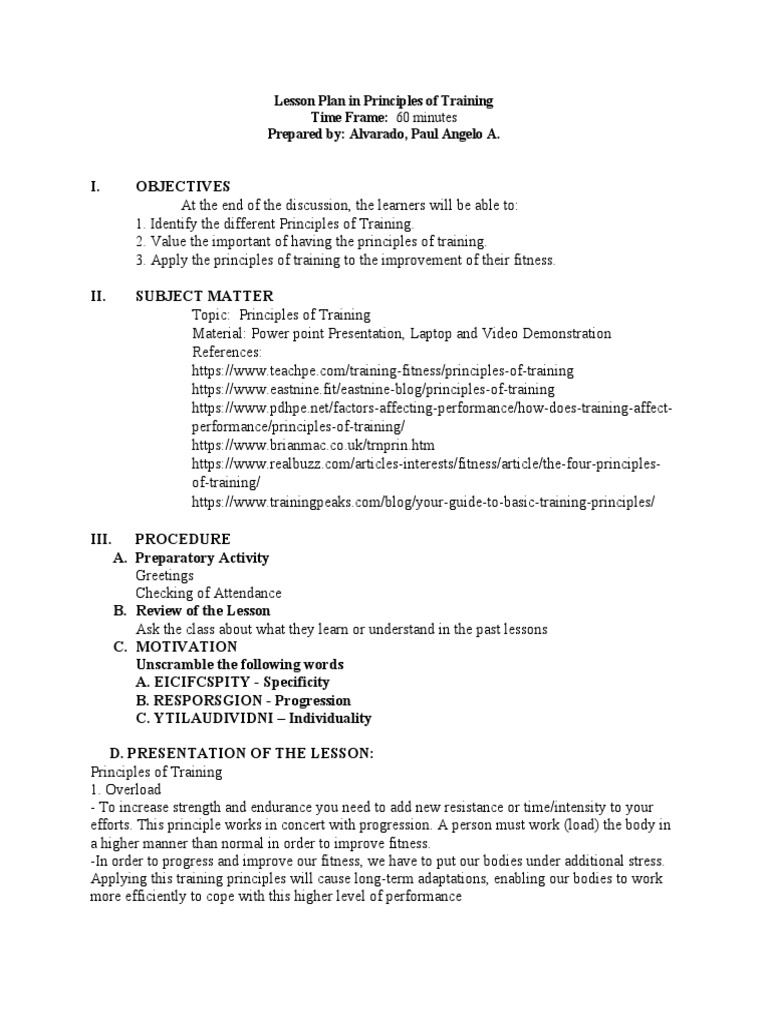 Lesson plan in principles of training pdf physical fitness