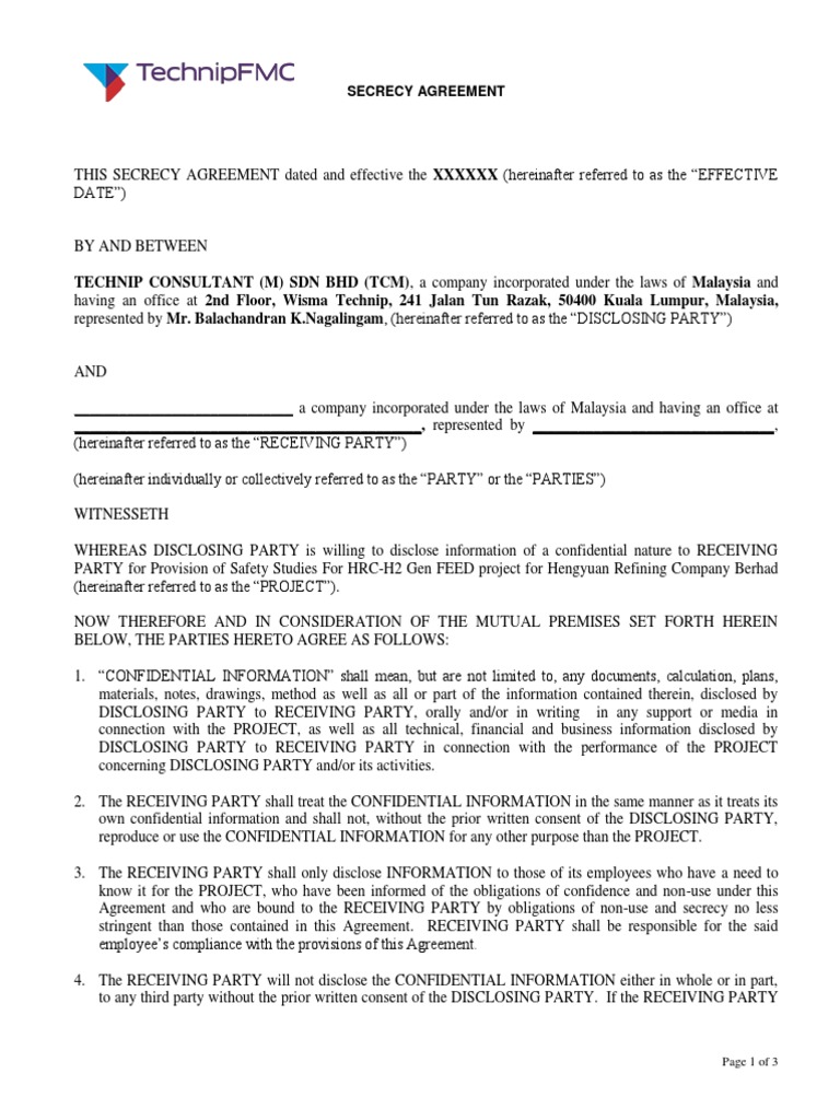 Secrecy Agreement 077208 CFB 9182 01 Safety Studies For HRC H2Gen FE