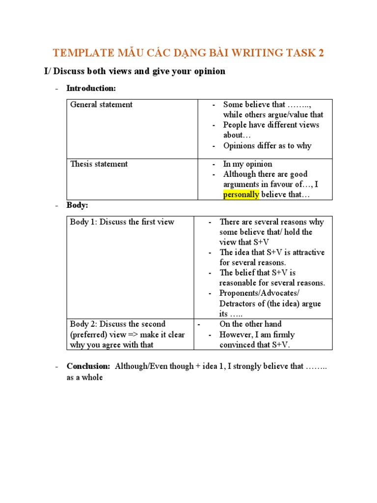 Template Mẫu Các Dạng Bài Writing Task 2 | PDF