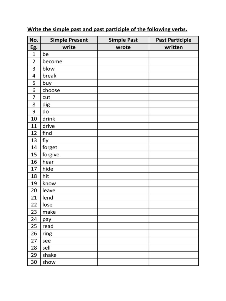 Write The Simple Past and Past Participle of The Following Verbs PDF