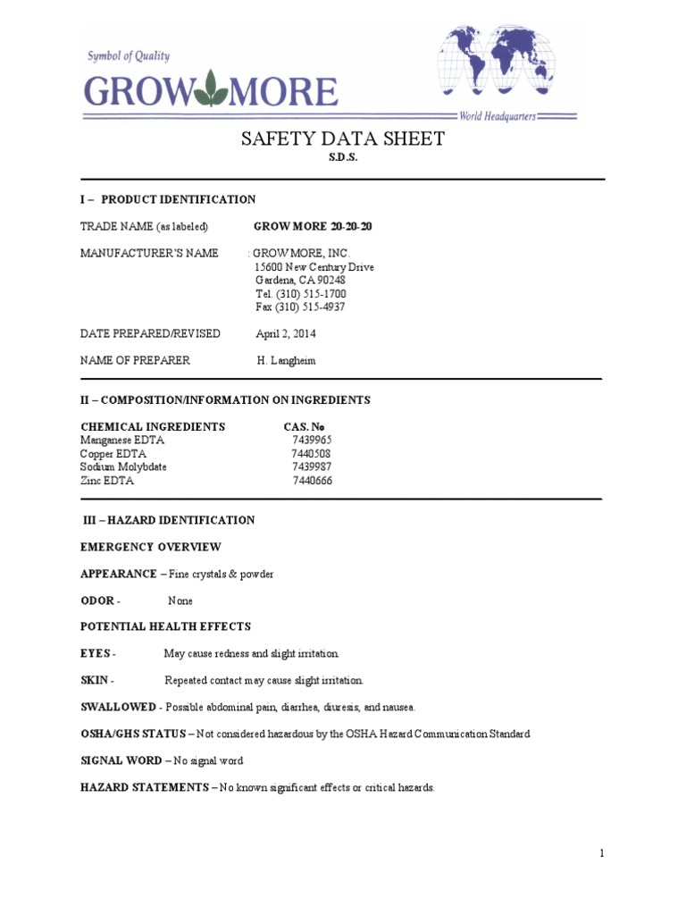 Grow More 20-20-20 MSDS | PDF | Toxicity | Firefighting