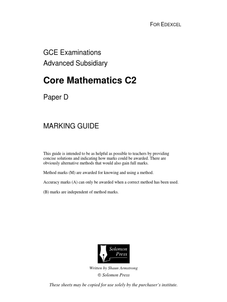 Edexcel C2 Paper D Marking Guide | PDF