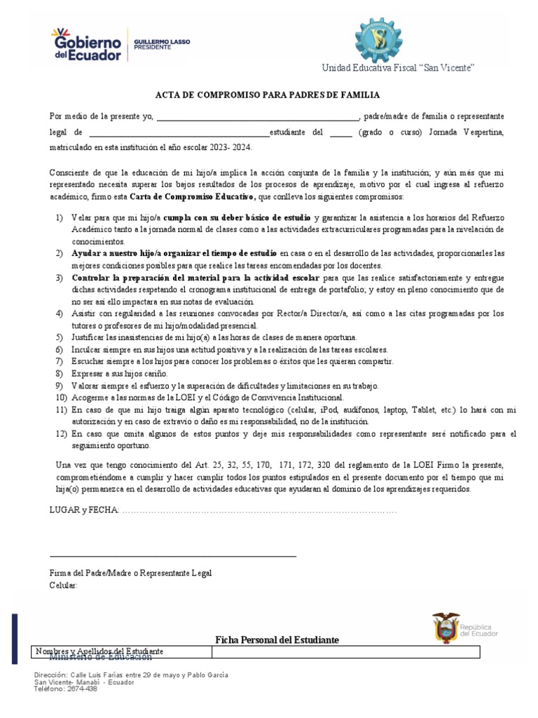 Acta de Compromiso para Padres de Familia 2022 | PDF | Evaluación