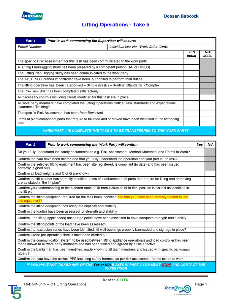 Lifting Operations - Take 5 Rev E Final | PDF | Risk Assessment | Safety