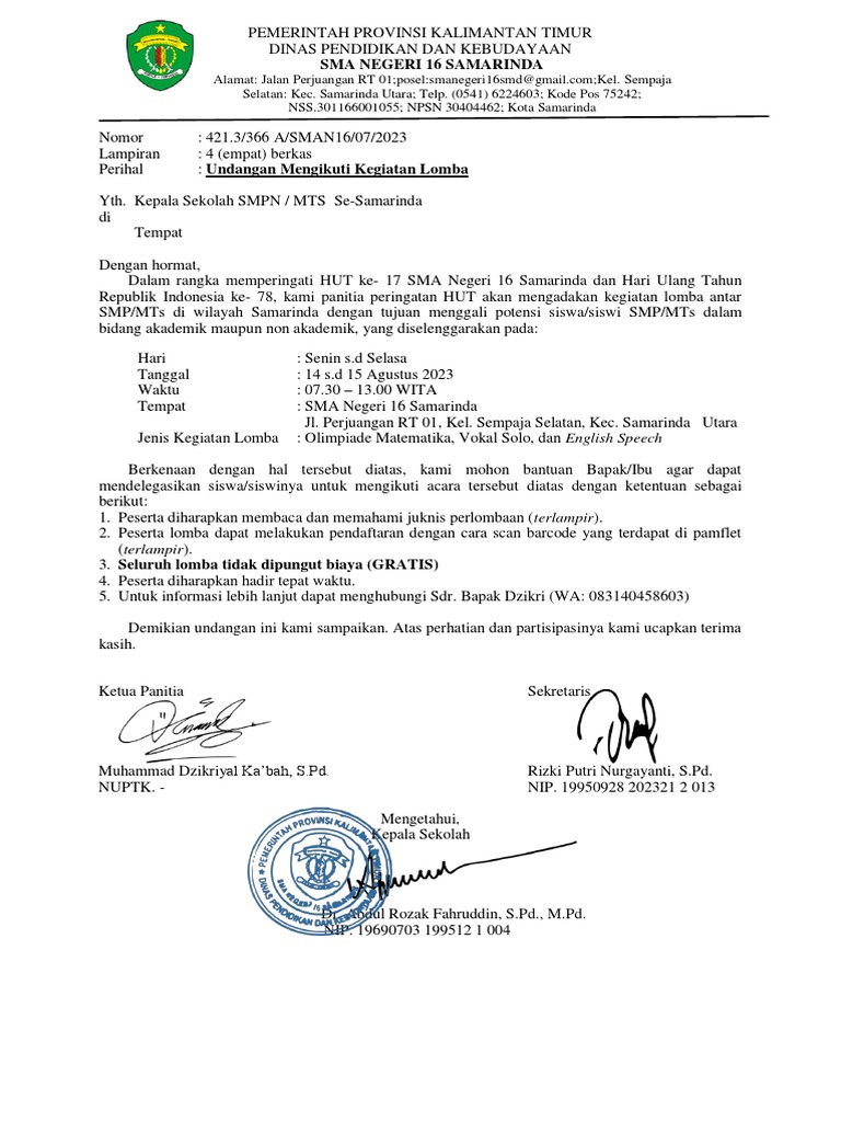 Surat Undangan Mengikuti Lomba Hut Sman 16 Dan Hut Ri 78. | PDF