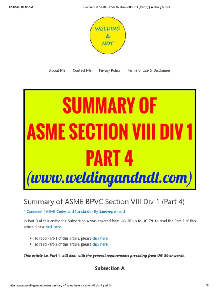 Summary of ASME BPVC Section VIII Div 1 Part 4 Welding NDT