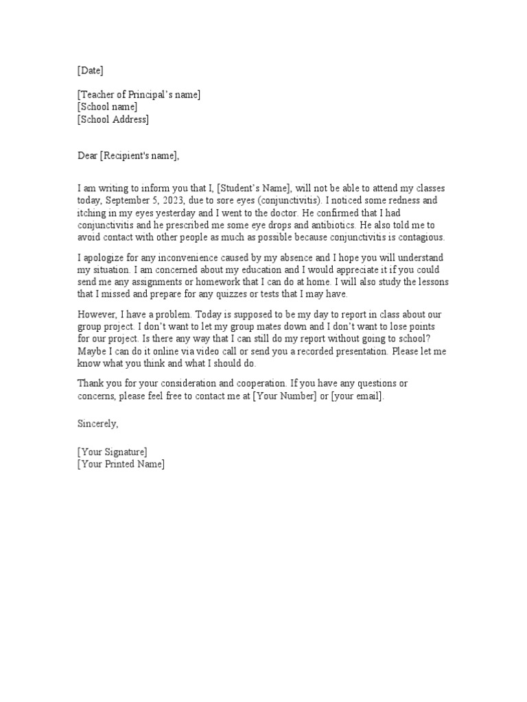 Excuse Letter Template Sore Eyes PDF