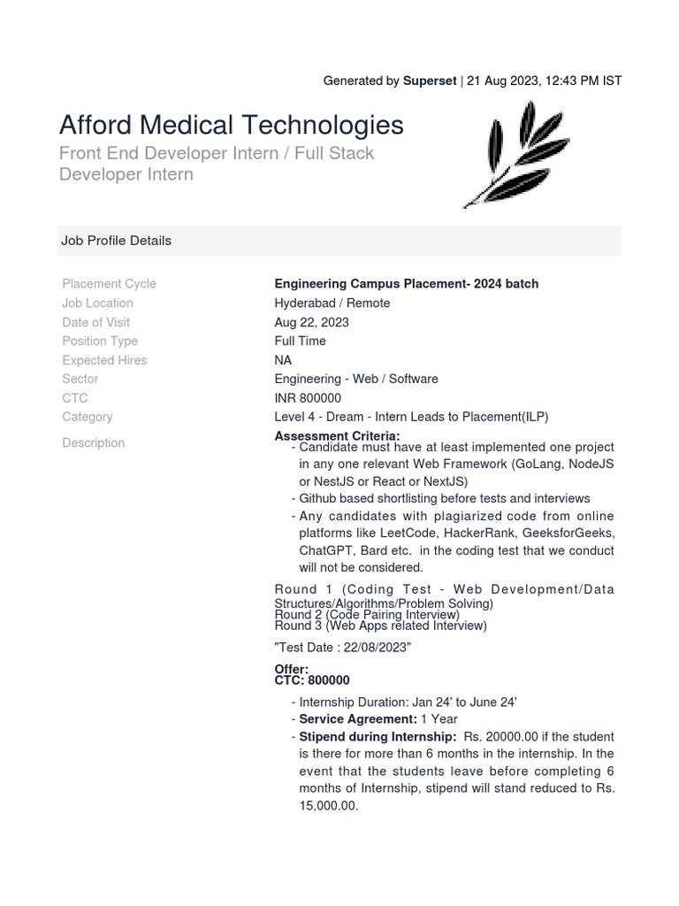 Front End Developer Intern _ Full Stack Developer Intern | PDF ...