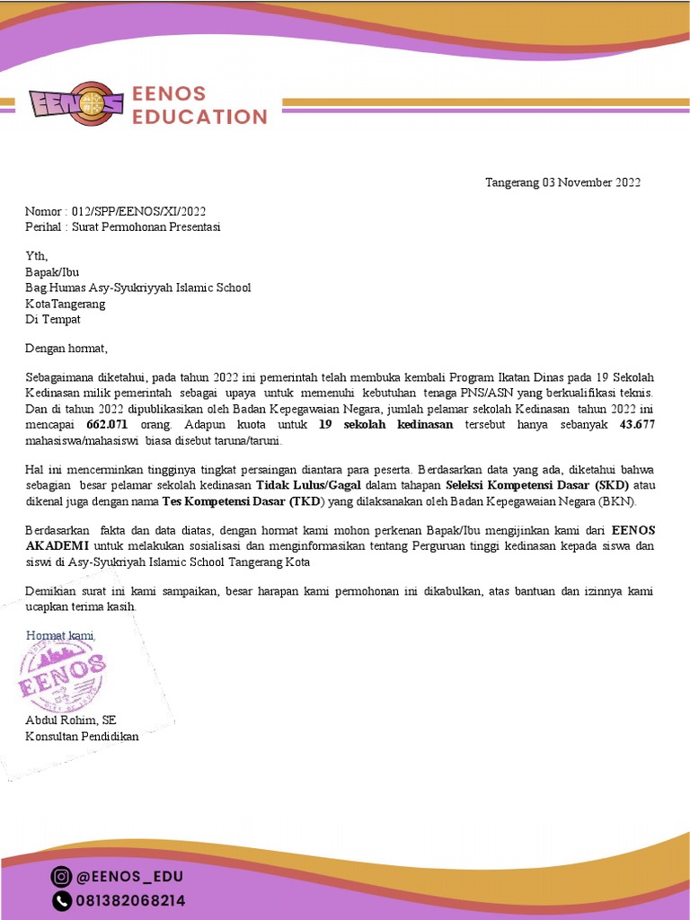 Surat Permohonan Presentasi Asy-Syukriyah | PDF