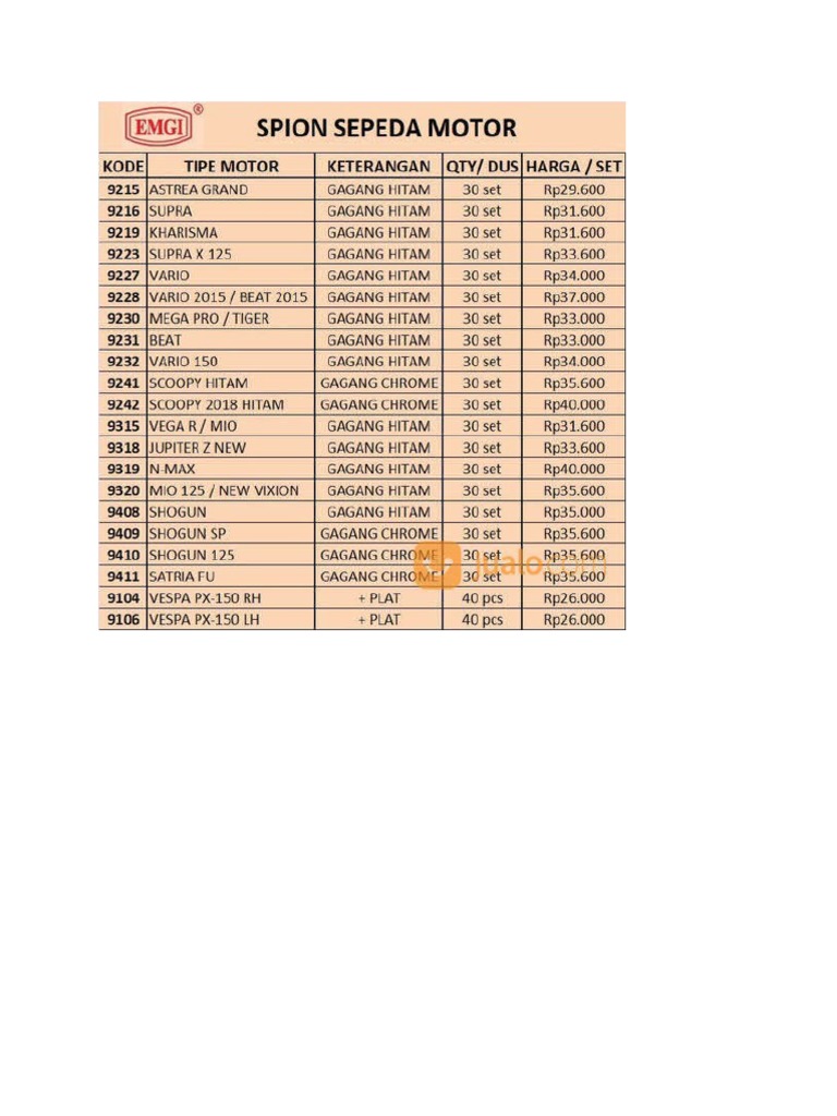 Daftar Harga Suku Cadang Motor | PDF | Screw | Piston