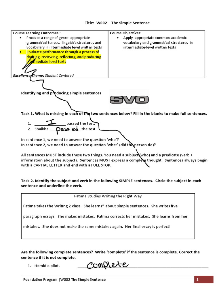 Simple Sentence Writing Guide | PDF | Subject (Grammar) | Sentence ...