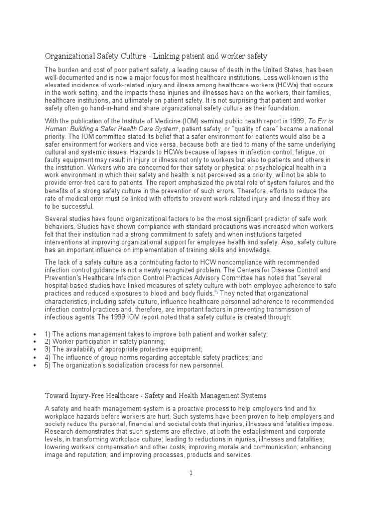 Safety Culture in Healthcare: Patient & Worker Safety | PDF ...