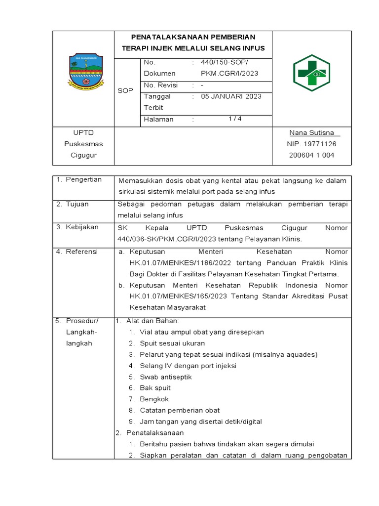 Sop Pemeberian Terapi Injek 2023 | PDF
