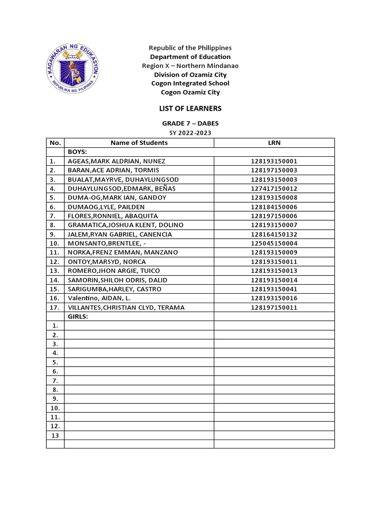 List of Grade 8 Students PDF
