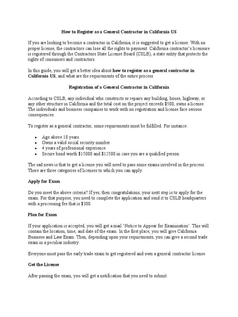 Registering as a General Contractor in CA | PDF | Licensure | Private Law