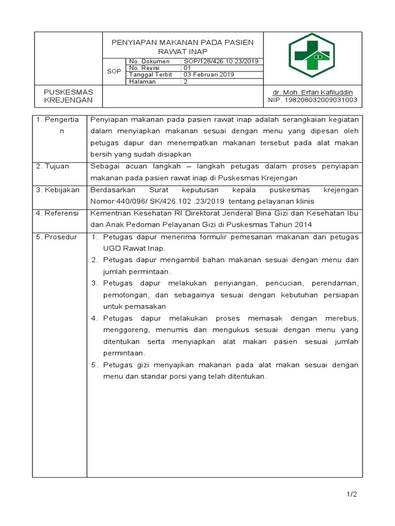 Prosedur Penyiapan Makanan Pasien Inap | PDF | Kesehatan Holistik