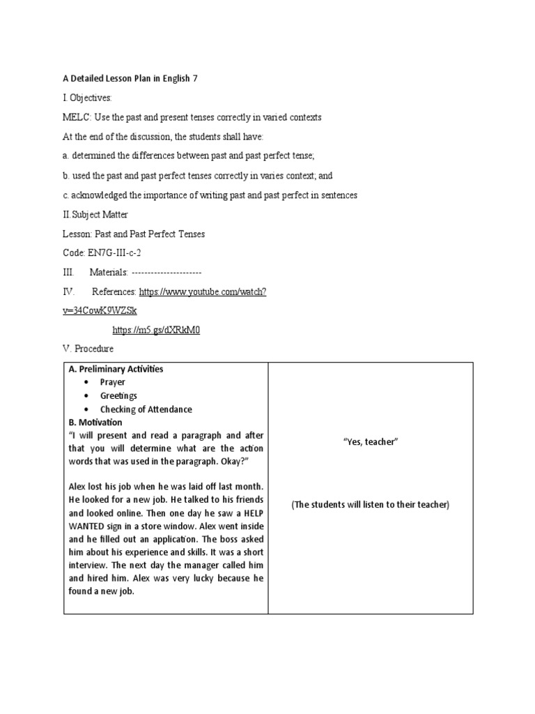 Past and Past Perfect Tenses Lesson | PDF | Grammatical Tense | Perfect ...