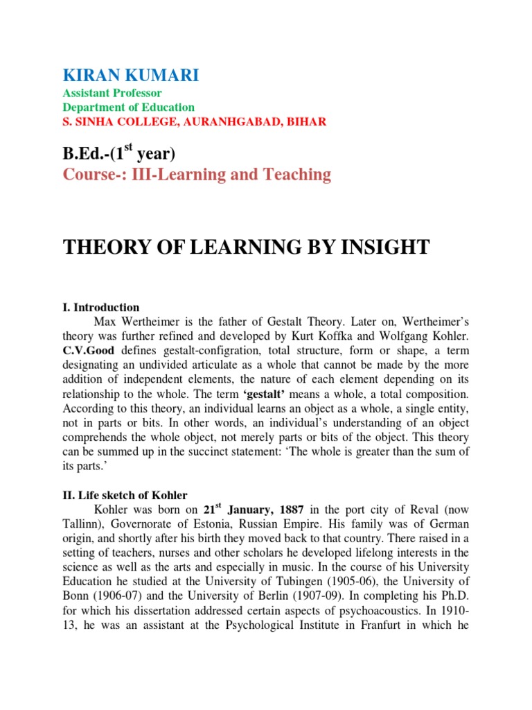 Insight Learning Theory Overview | PDF | Insight | Learning