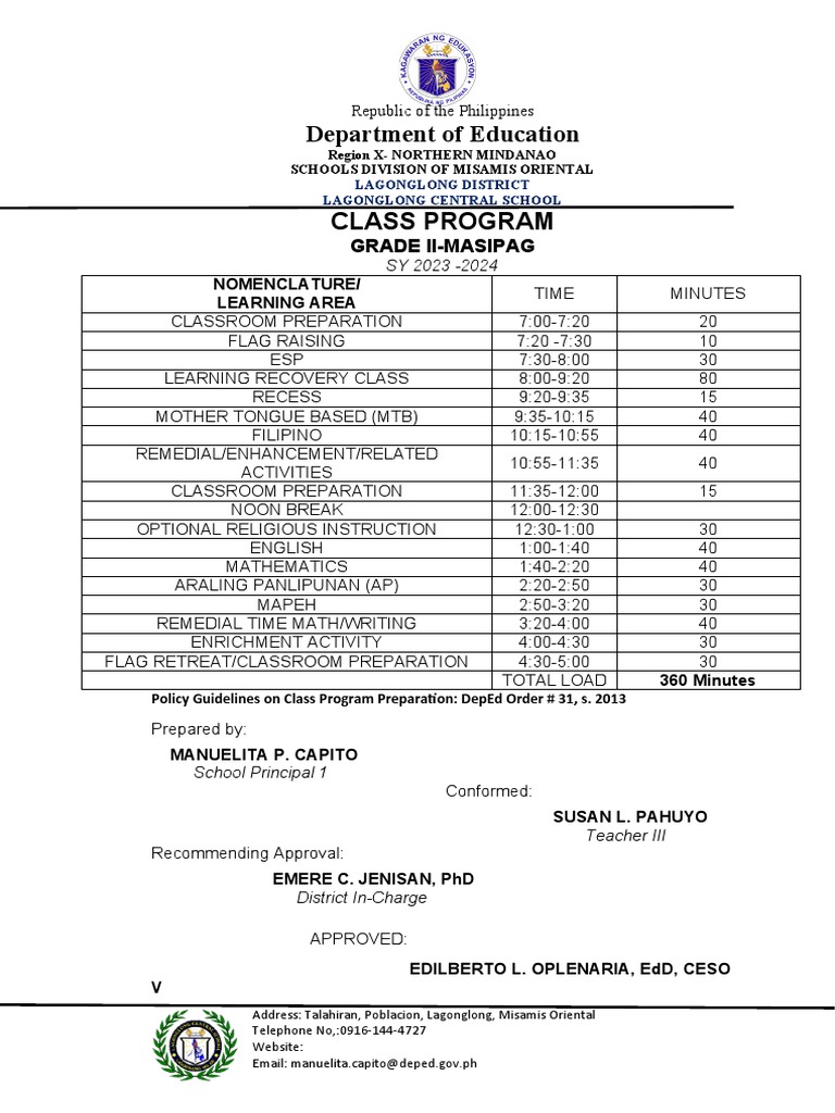 Class Program for Grade II-Masipag 2023-2024 | PDF | Learning