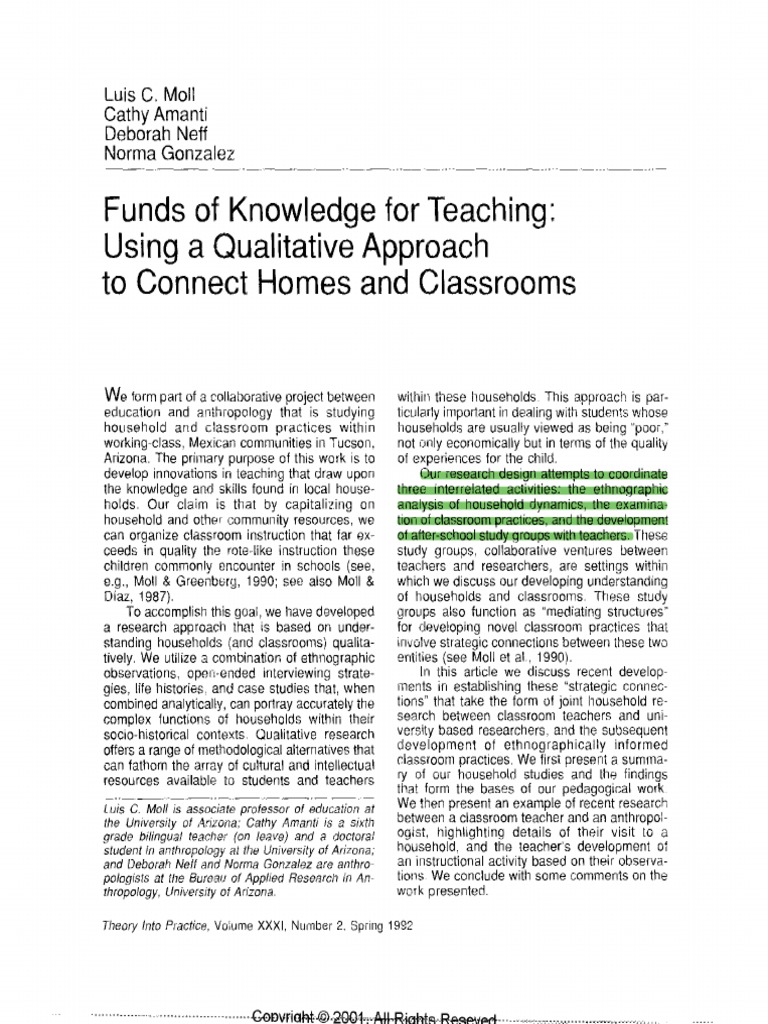Table 1 A Sample Of Household Funds Of Knowledge