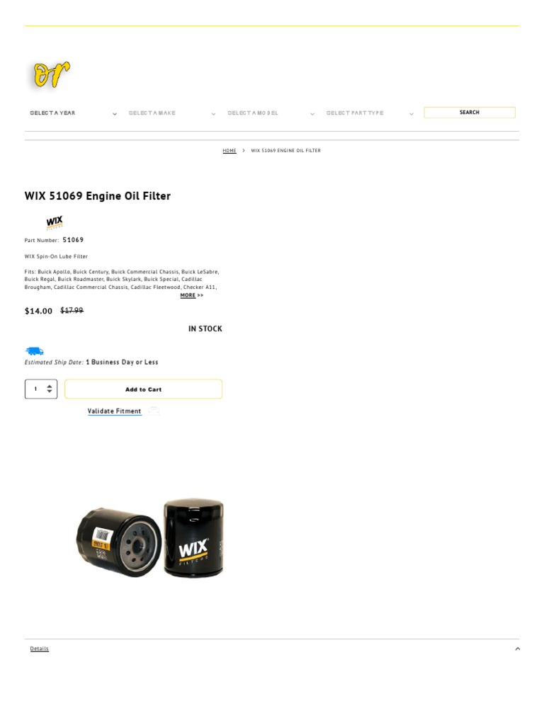 WIX 51069 Engine Oil Filter Cross Reference PDF Buick Motor Oil