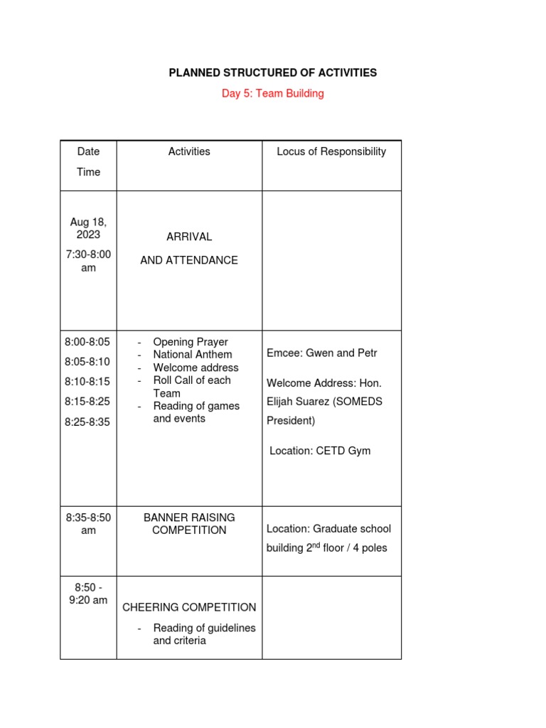 Team Building Activities Schedule | PDF