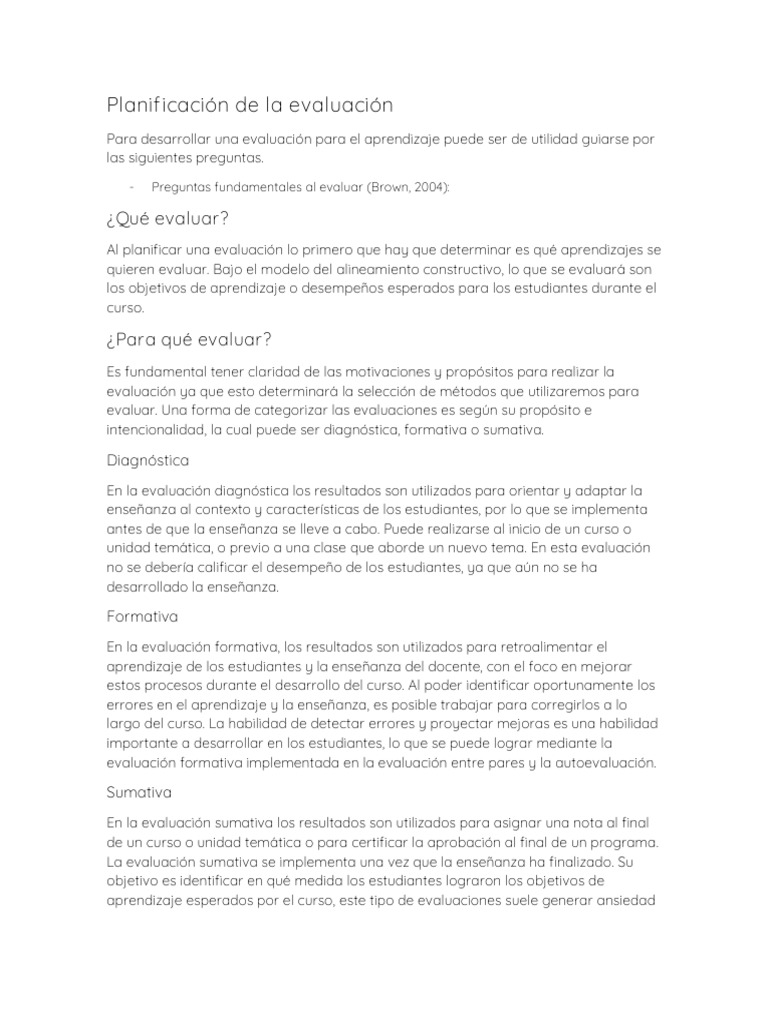 Tipos y Planificación de Evaluación Educativa | PDF | Evaluación ...