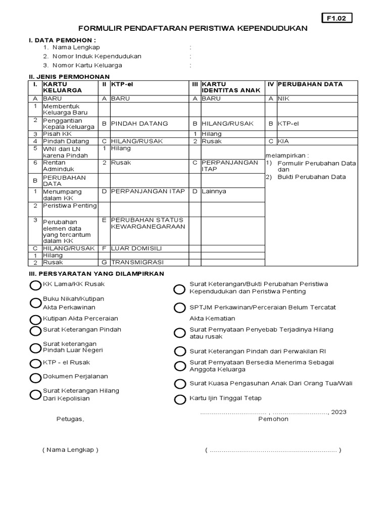 Ok F.1-02 Formulir Pendaftaran Peristiwa Kependudukan F4 | PDF
