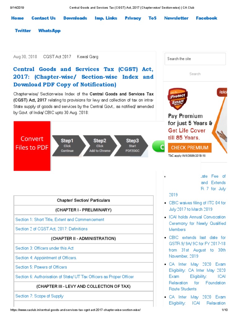 CGST Act 2017: Chapter & Section Index | PDF | Taxes | Appeal