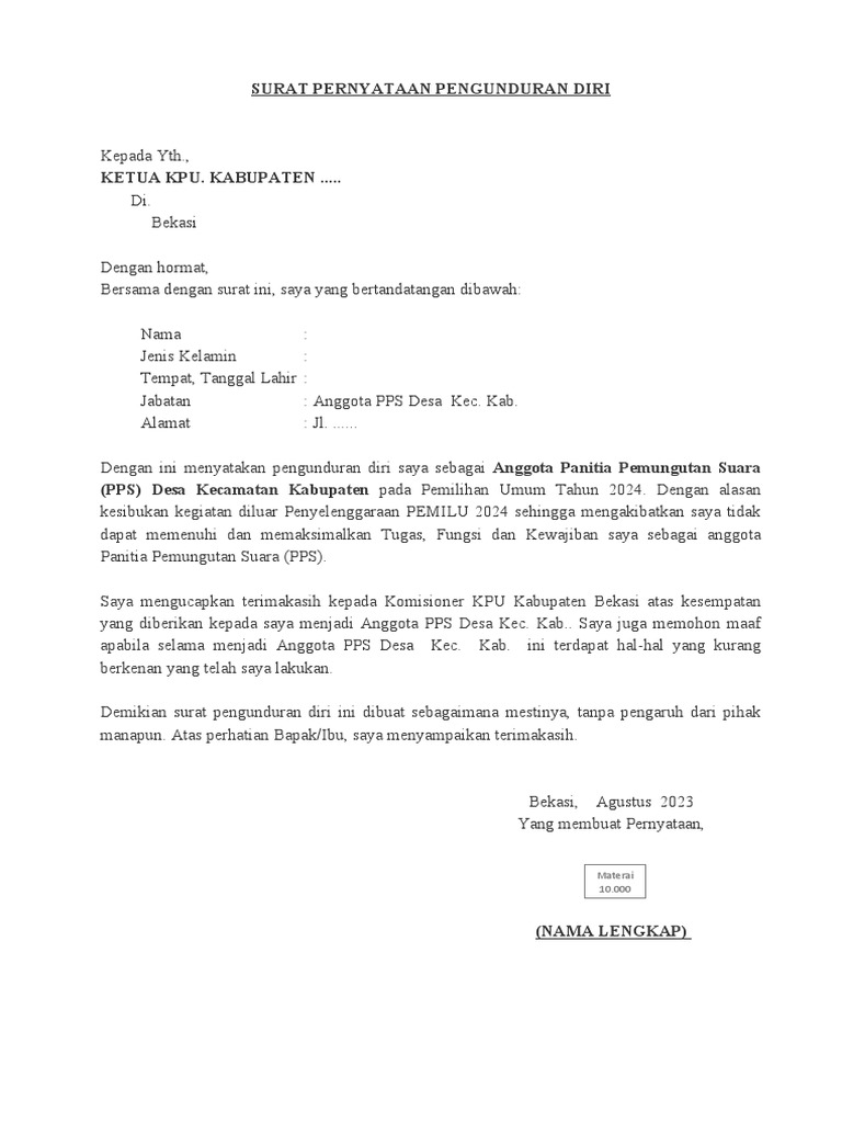 Format Surat Pengunduran Diri PPS Desa | PDF