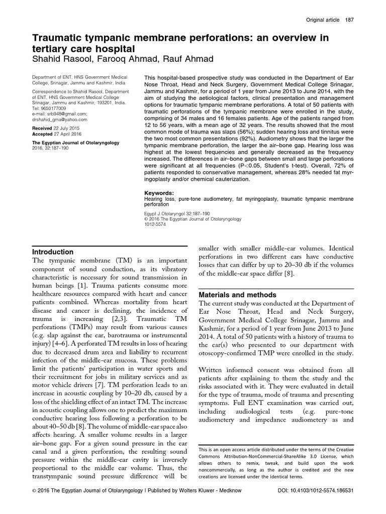 Traumatic Tympanic Membrane Perforations: An Overview in Tertiary Care ...
