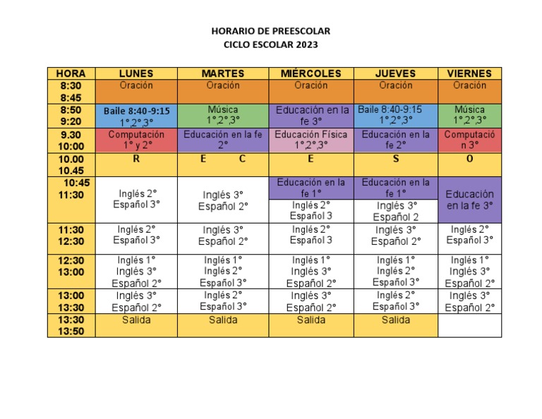 Horario Preescolar 2023 - 2024 | PDF | Estudios de idiomas extranjeros ...