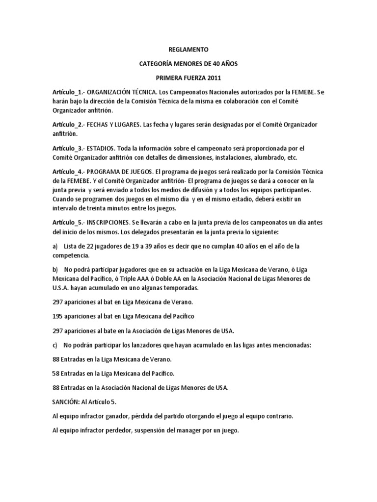 Reglamento FEMEBE 2025 para Béisbol | PDF | Gente de béisbol | Bateo ...